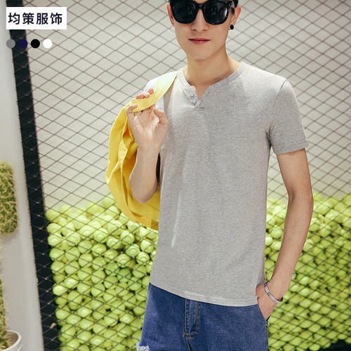 Summer New Style T-Shirt Base Shirt Trend Brand Solid Color V-Neck Button Short Sleeve Top Fashion Popular Men's Clothing Wholesale