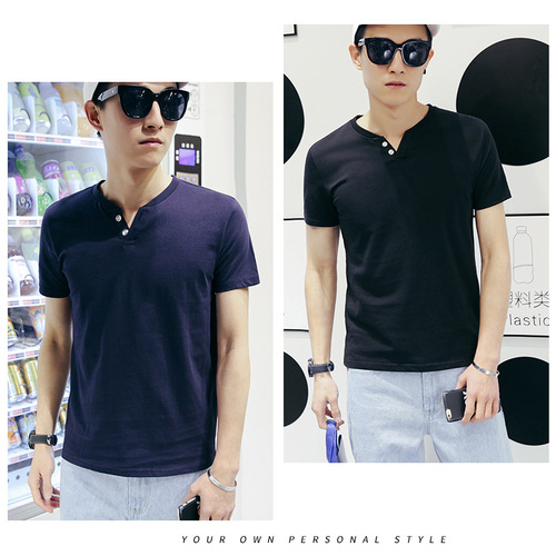 Summer New Style T-Shirt Base Shirt Trend Brand Solid Color V-Neck Button Short Sleeve Top Fashion Popular Men's Clothing Wholesale