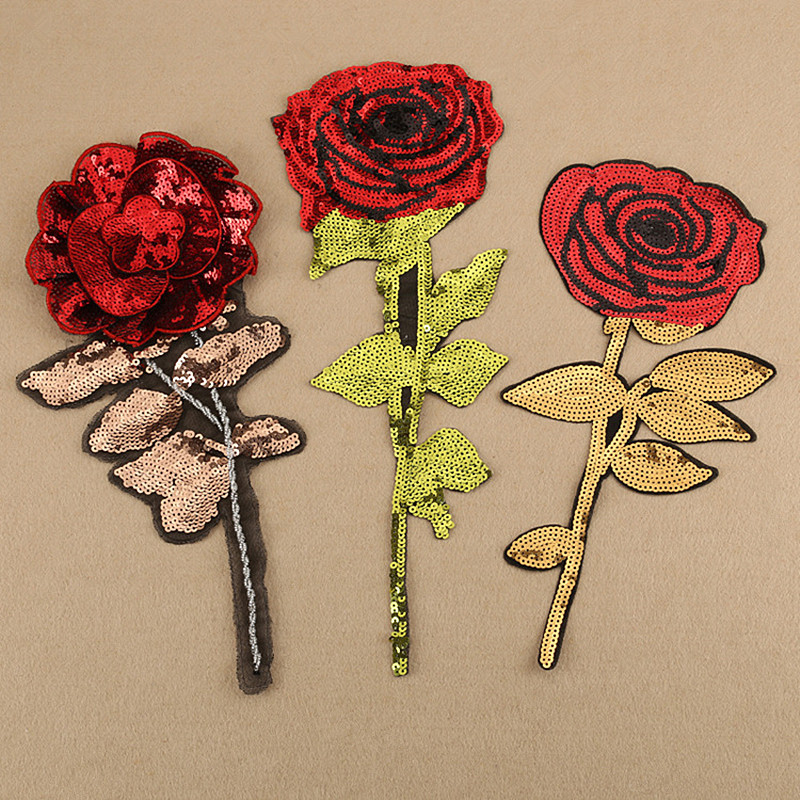 长宽刺绣亮片玫瑰花布贴电脑绣花珠片大号花朵补丁贴箱包服装辅料