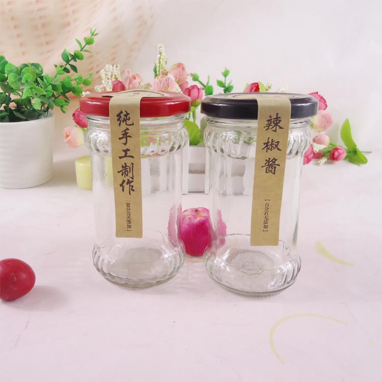 厂家直销花边密封酱菜瓶220ml玻璃瓶辣椒酱牛肉酱玻璃瓶带盖批发