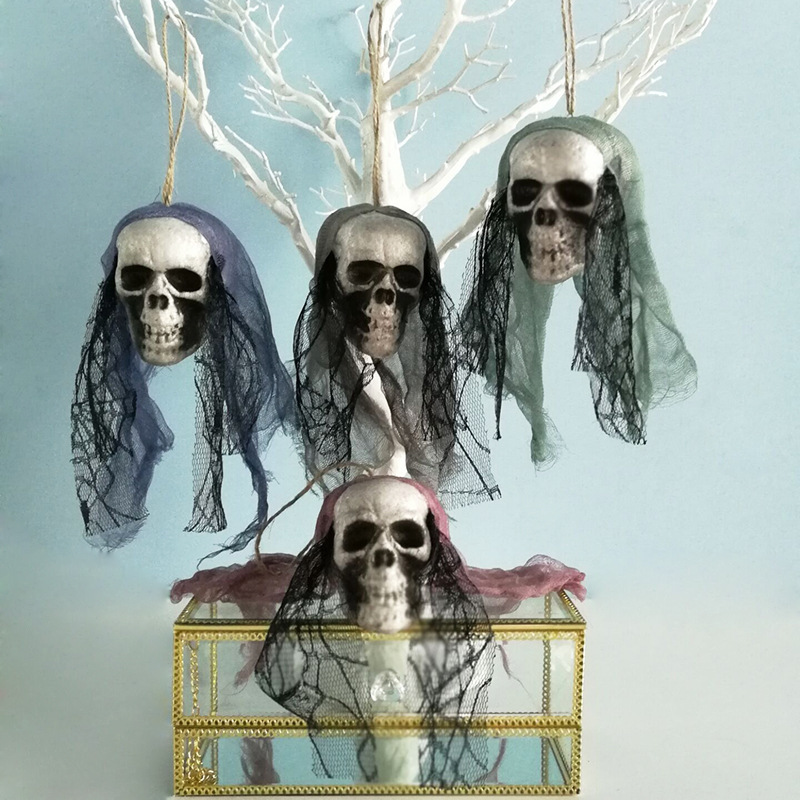 Halloween Skeleton Hanging Ghost Decorations, Realistic Foam Skull Lace Ornaments