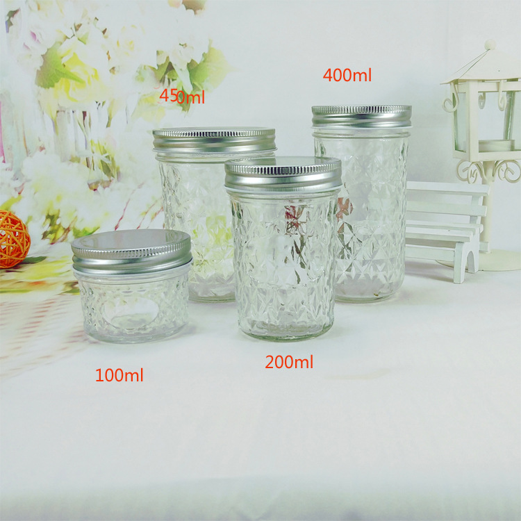 创意菱格形浮雕玻璃瓶梅森杯沙拉果酱玻璃瓶蜂蜜玻璃罐桃胶鲜炖瓶