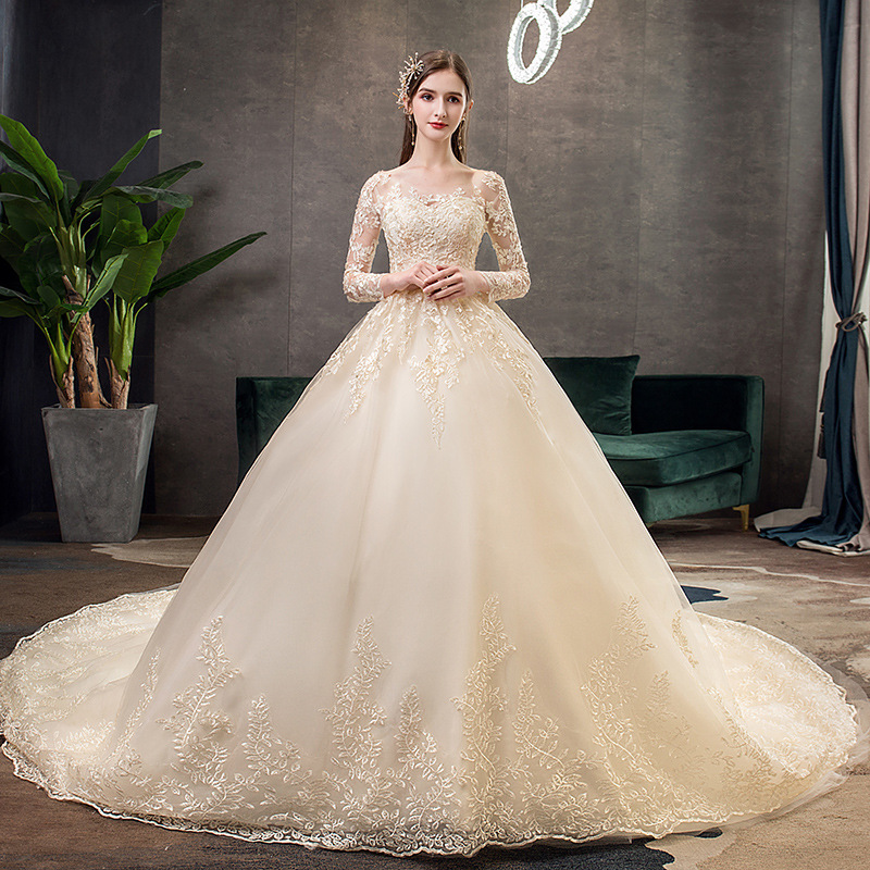 Vestido DE BODA principal 2024 nuevo champán cola grande del cordón manga larga sueño Super hadas más tamaño nupcial al aire libre hilo TD50