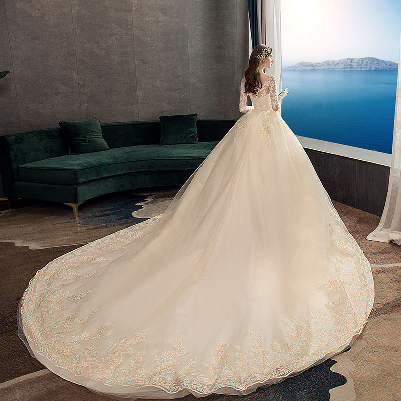 Vestido DE BODA principal 2024 nuevo champán cola grande del cordón manga larga sueño Super hadas más tamaño nupcial al aire libre hilo TD50