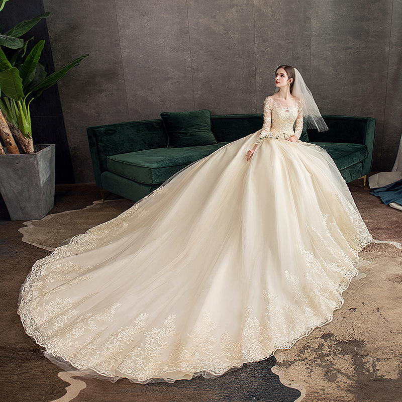 Vestido DE BODA principal 2024 nuevo champán cola grande del cordón manga larga sueño Super hadas más tamaño nupcial al aire libre hilo TD50