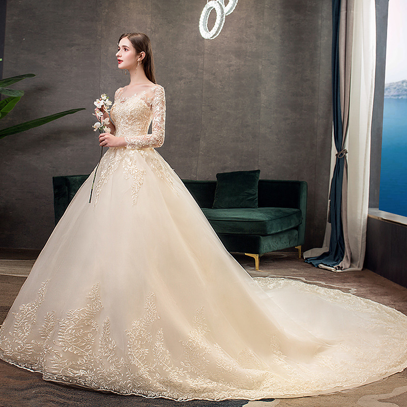 Vestido DE BODA principal 2024 nuevo champán cola grande del cordón manga larga sueño Super hadas más tamaño nupcial al aire libre hilo TD50