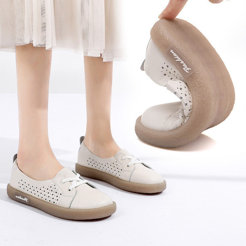 [Factory] White Shoes Women's 2022 All-match Soft-soled Shoes Leather Hole-hole Hollow Breathable Slip-on Pregnant Women's Shoes