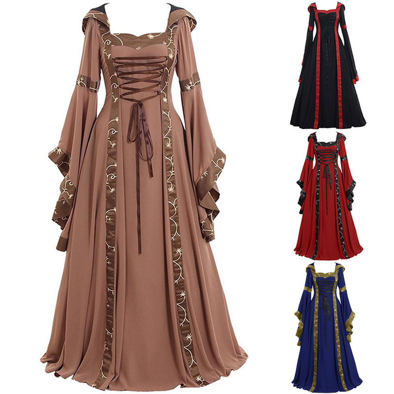 2022wish Foreign Trade European and American Medieval Retro Hooded Dress Square Neck Lace-up Trumpet Sleeve Large Dress