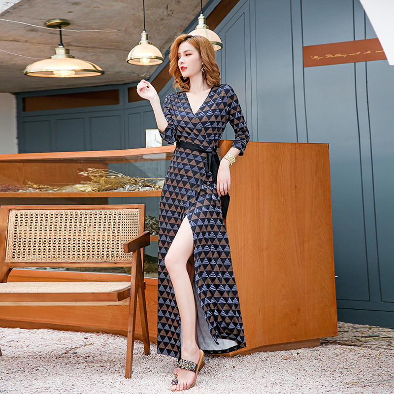 Pg Dvf2025 Seaside Beach Dress Ins Vacation One-Piece Waist-Cinching Slimming Mid-Length Dress Wrap Dress Pg Dvf2025 Seaside Beach Dress Ins Vacation One-Piece Waist-Cinching Slimming Mid-Length Dress Wrap Dress