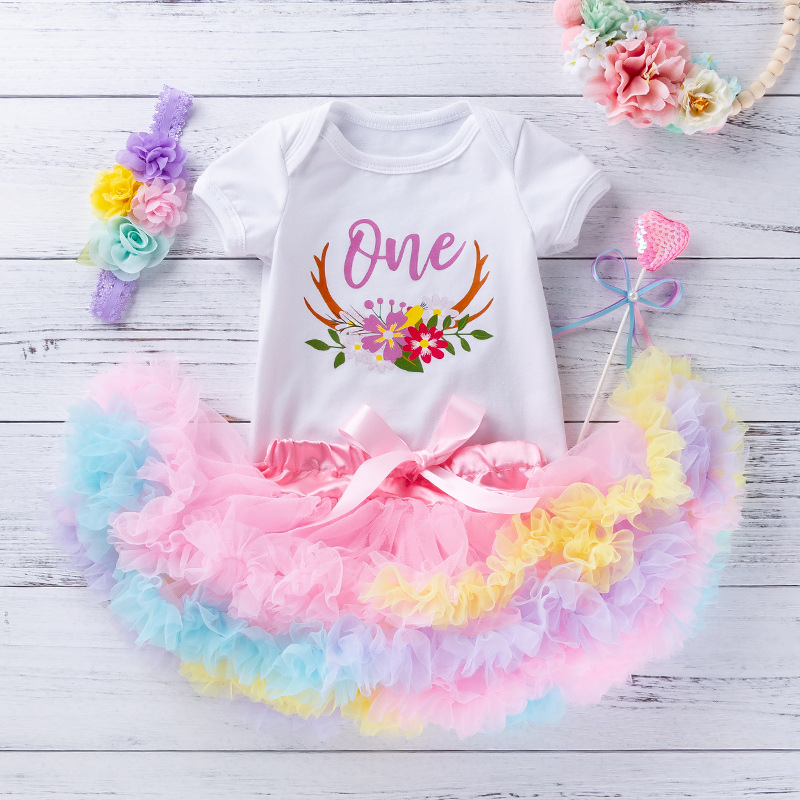 Cross-border Special for Summer Sweet Cute Baby Girl Birthday Short-sleeved Hassel Pastel Soft Yarn Princess Dress Set