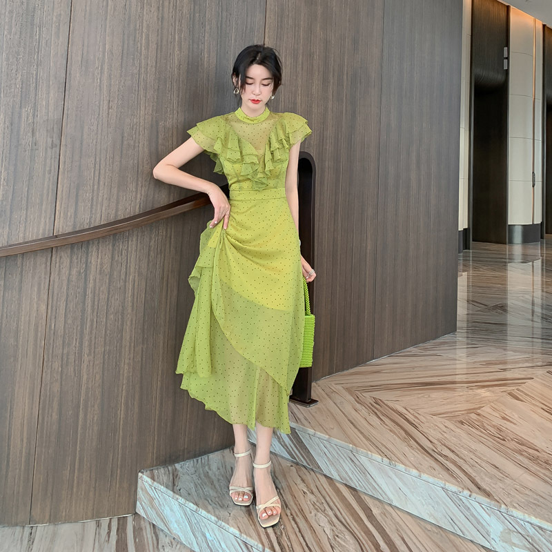 Đầm maxi nữ thắt eo chấm bi phối ren xếp tầng voan dài — Màu xanh lá