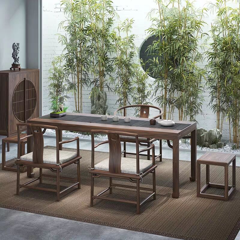 New Chinese Style Old Elm Tea Table and Chair Combination Solid Wood Dining Table and Chair Zen Meeting Office Tea Table Tea House Tea Room Tea Table