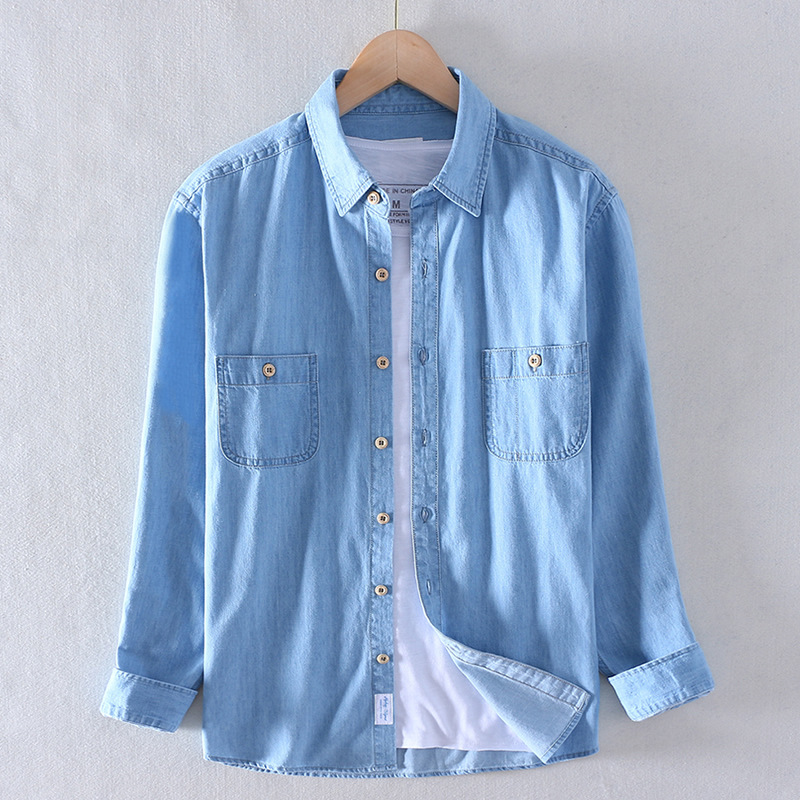 Camicia da uomo a maniche lunghe in puro cotone slub, stile casual europeo e americano, semplice, in denim di cotone._voghion.com