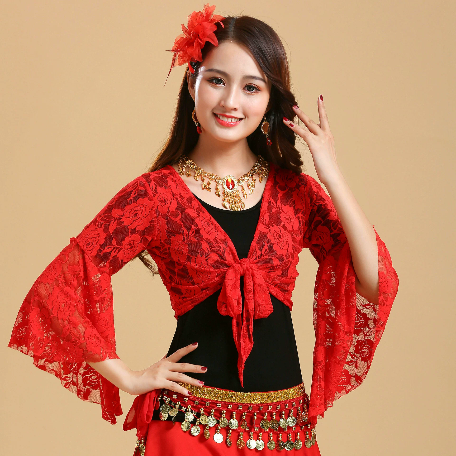 Новый квадратный танцевальный костюм Этническая танцевальная группа Янко Танцевальная одежда Танец живота Представление шаль слинг с коротким рукавом Топ