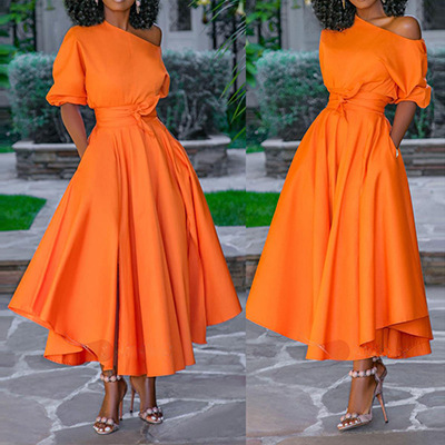 Summer European and American Foreign Trade Women's Clothing, Amazon Aliexpress Hot-Selling One-Shoulder Tie-Waist Mid-Length Dress