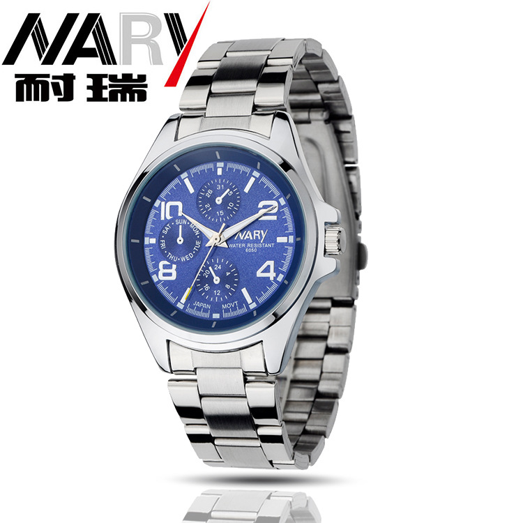 NARY marca reloj hombre falso de tres ojos luminoso impermeable correa de acero reloj de cuarzo 6050