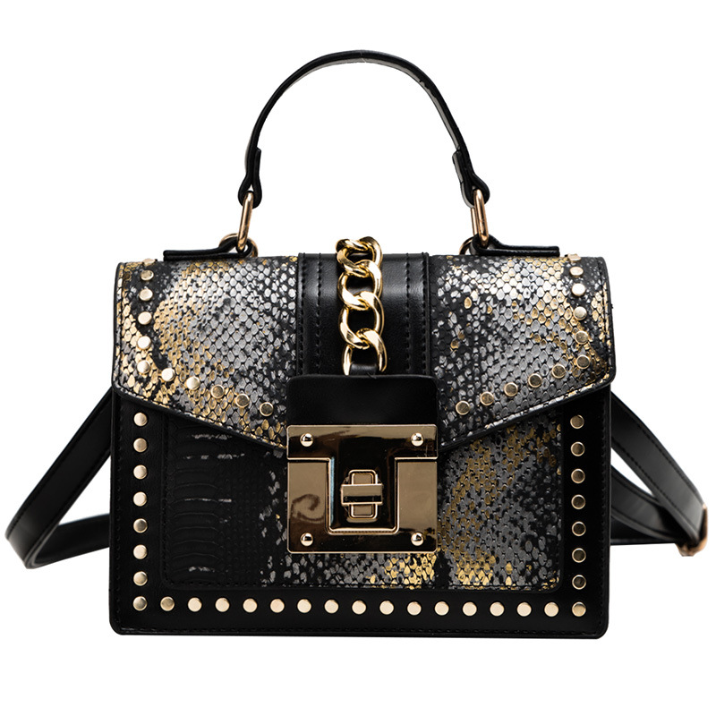 New snake skin pattern shiny three-dimensional small square with rivets, single shoulder crossbody lock chain, women's_voghion.com