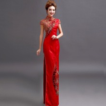 2022金色蕾丝花朵新娘结婚敬酒服婚礼红色旗袍礼服新娘演出装