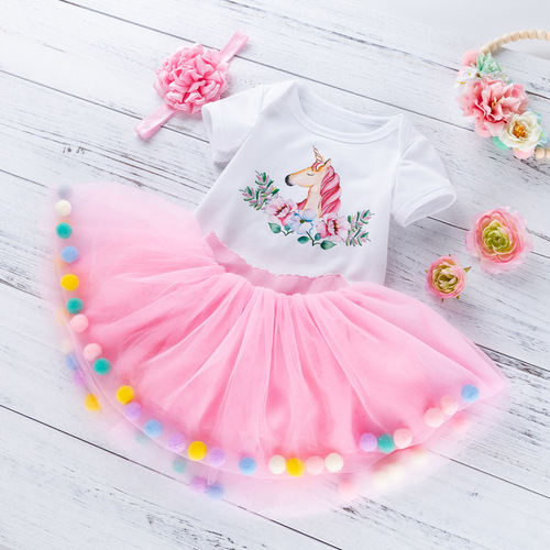 Summer baby clothes wholesale baby girl printed unicorn short-sleeved harem pink rainbow mesh skirt suit