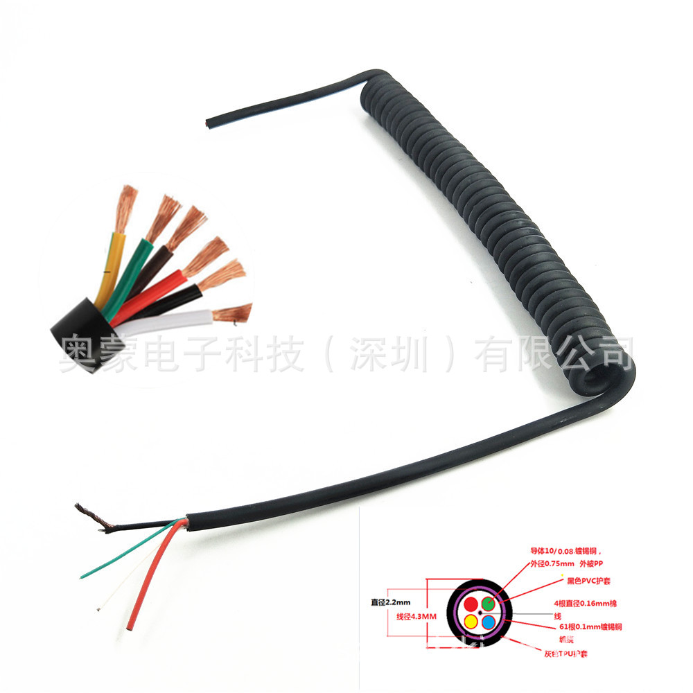 2芯1.0平方PU亮面弹簧线  拉伸3米螺旋电缆线 弹性电线厂家