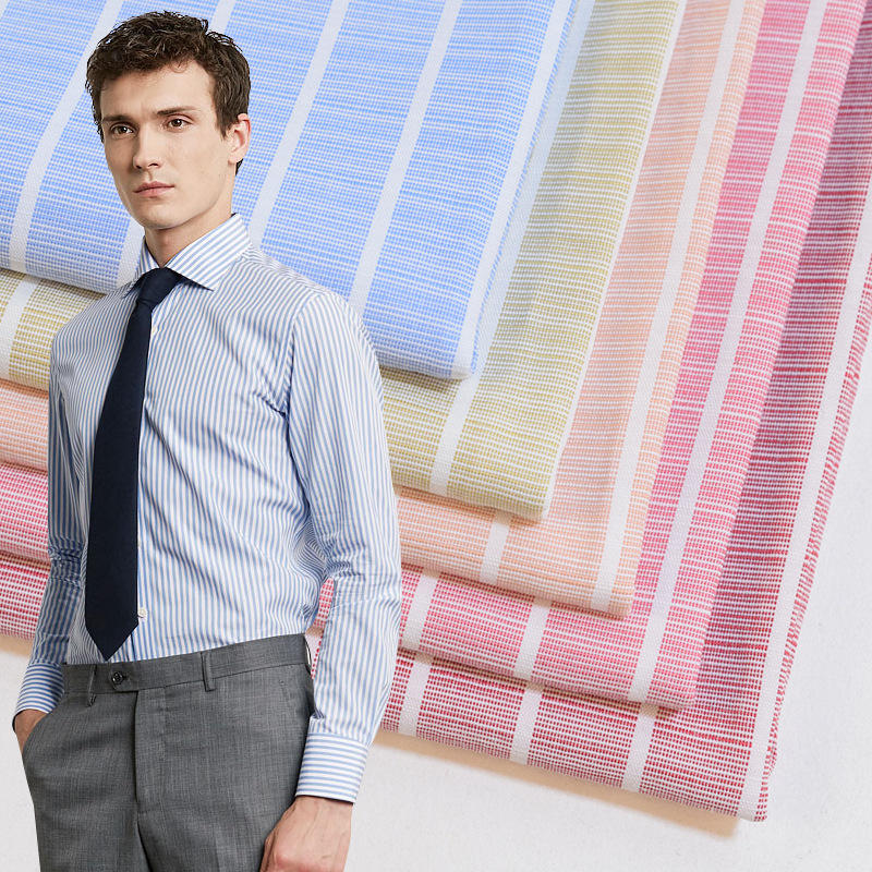 春秋款衬衫面料 涤棉色织条子竹节布色织条子 男士衬衫布料现货