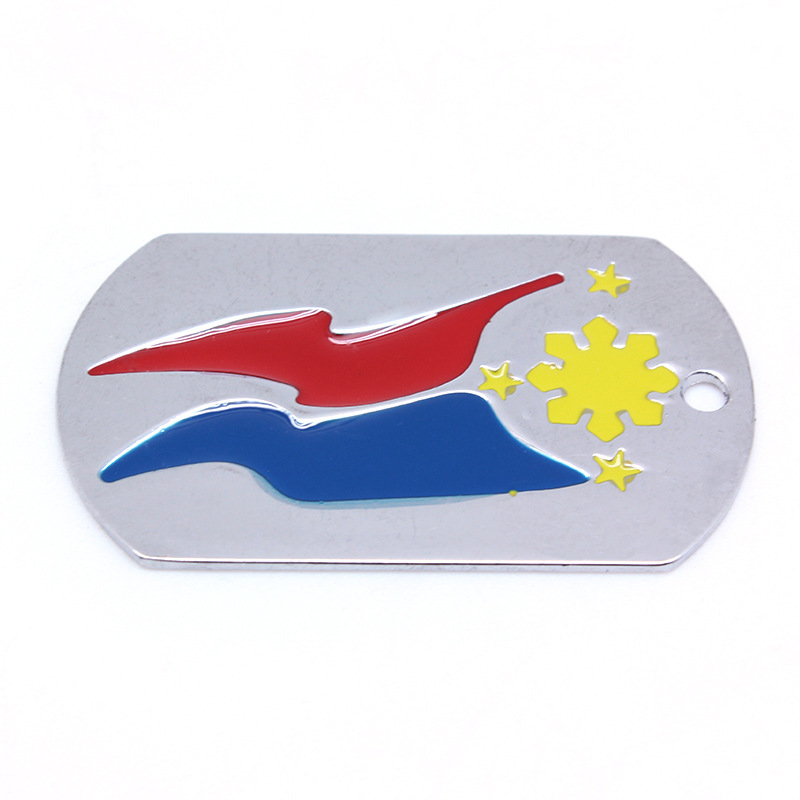 源头厂家批发锌合金拉丝金属牌刻印logo滴胶红蓝色椭圆形凹面吊牌