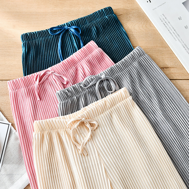 2022 New Style Pleated Wide-Leg Pants for Girls, Loose Casual Pants, Chiffon Long Pants, Ice Silk Cropped Pants