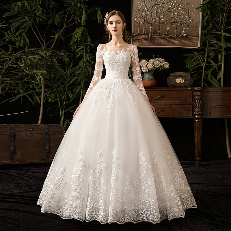 Свадебное платье, кружевные рукава, простой крой, большой размер, облегающий (белый)