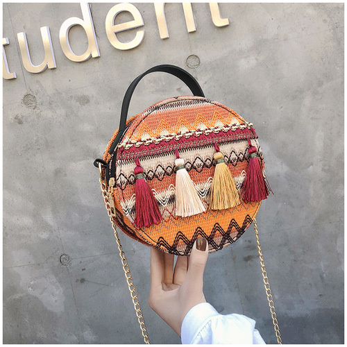 Ins super popular small round bag for women, new summer trendy and versatile ethnic style tassel woven crossbody bag