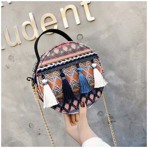 Ins super popular small round bag for women, new summer trendy and versatile ethnic style tassel woven crossbody bag