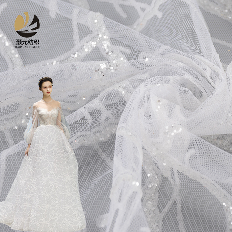 Fabricante de suministro de malla sequinilla blanco tela de árbol primavera-verano moda de mujer vestido de boda tela
