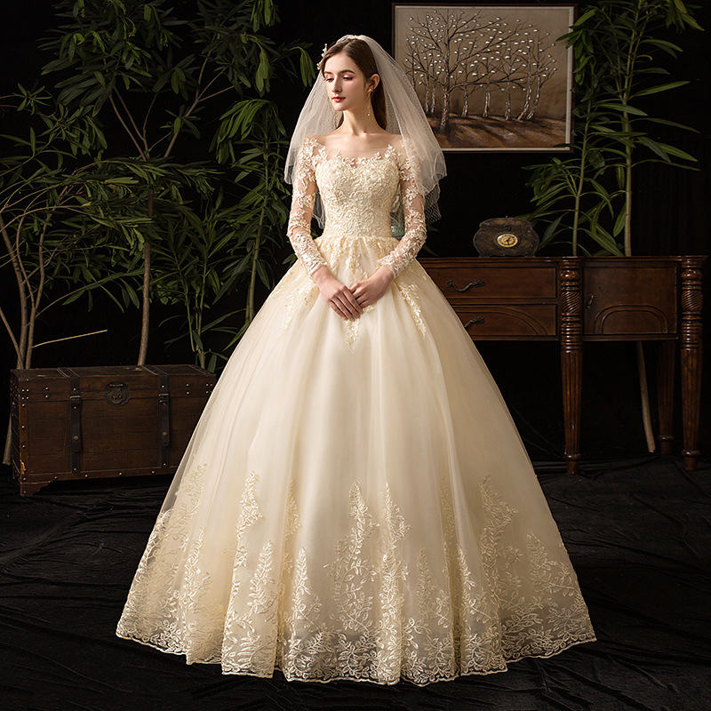 Wholesale Main Wedding Dress Foreign Trade Gown 2026 New Style Elegant Fashion Lace Long-Sleeve Bridal Wedding Dress Plus Size D50