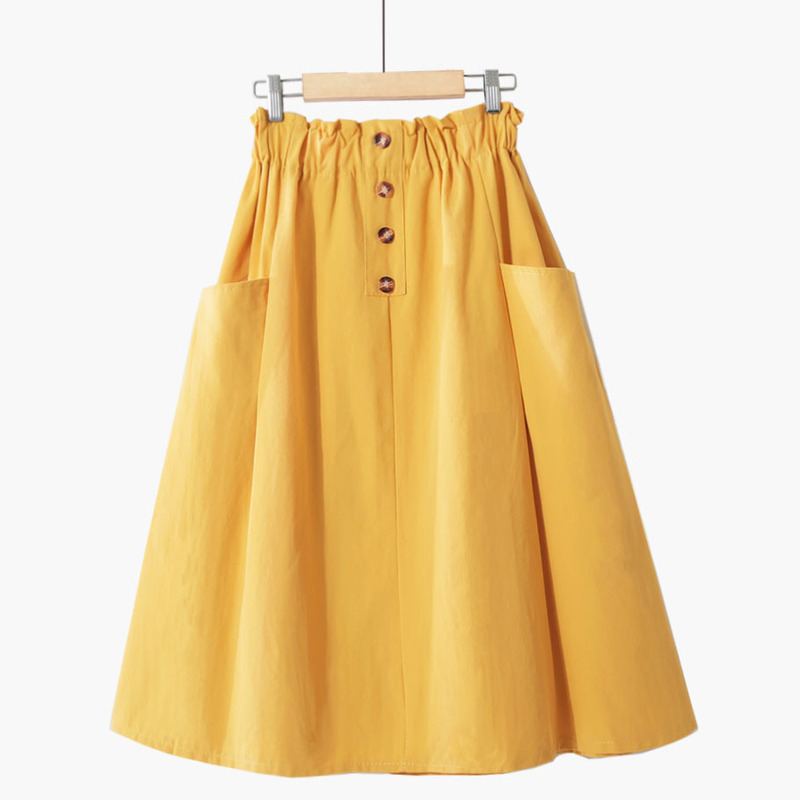 2021 Spring and Summer New Academic Style Solid Color High Waist Double Pocket Button Artistic Style A- line Skirt Mori Style Skirt