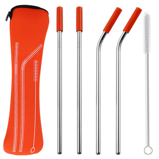 Cross-border Amazon new stainless steel 304 straw with anti-scratch silicone head anti-scratch mouth bone bag set