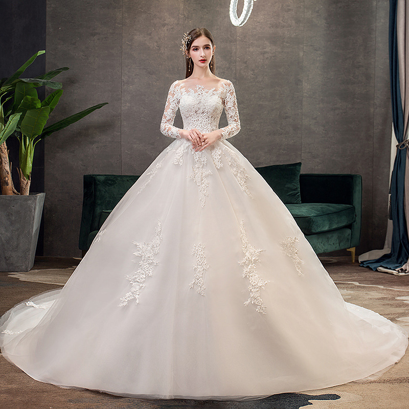 Vestido de Novia Principal 2025, Nuevo, de Encaje, Lujoso, de Manga Larga, de Ensueño, Talla Grande, con Cola Larga, Estilo Estudio, Ligero, Modelo TD35