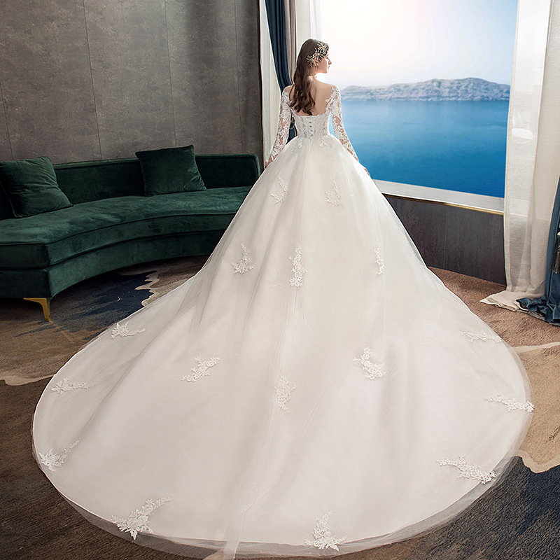 Vestido de Novia Principal 2025, Nuevo, de Encaje, Lujoso, de Manga Larga, de Ensueño, Talla Grande, con Cola Larga, Estilo Estudio, Ligero, Modelo TD35