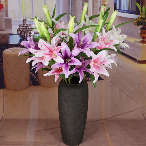 Supplier offers artificial lilies, single stem with 3 flowers and 1 bud, suitable for wedding, home, photography, and decoration, faux flowers