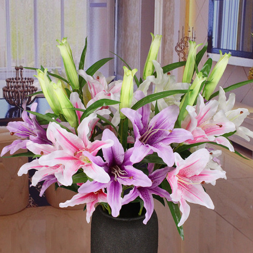 Supplier offers artificial lilies, single stem with 3 flowers and 1 bud, suitable for wedding, home, photography, and decoration, faux flowers