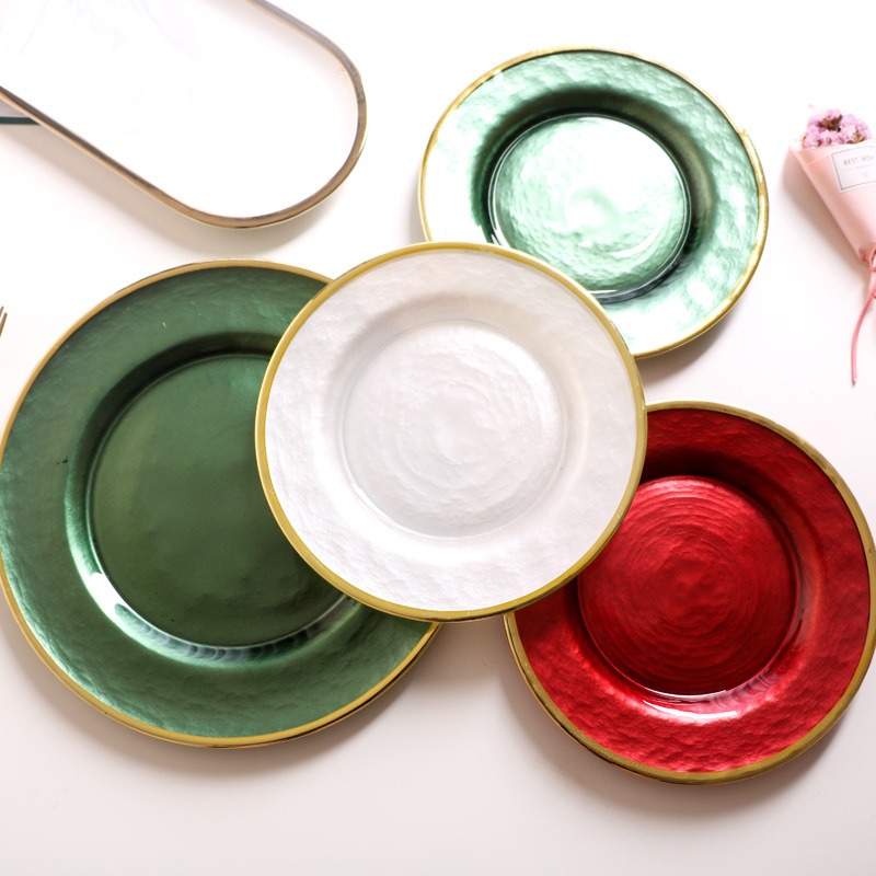 Factory Direct Supply Glass Plate Western Food Plate Creative Colorful Gold Edge Plate Nordic Dinner Plate Set Fruit Plate Pad Plate