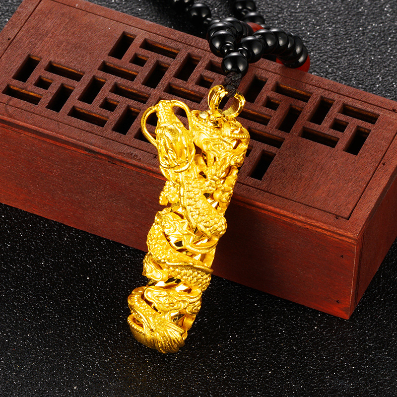 Arena de oro tridimensional 3D dragón columna de hombres y mujeres COLLAR COLGANTE chapado 24K oro grifo colgante collar regalo para novio