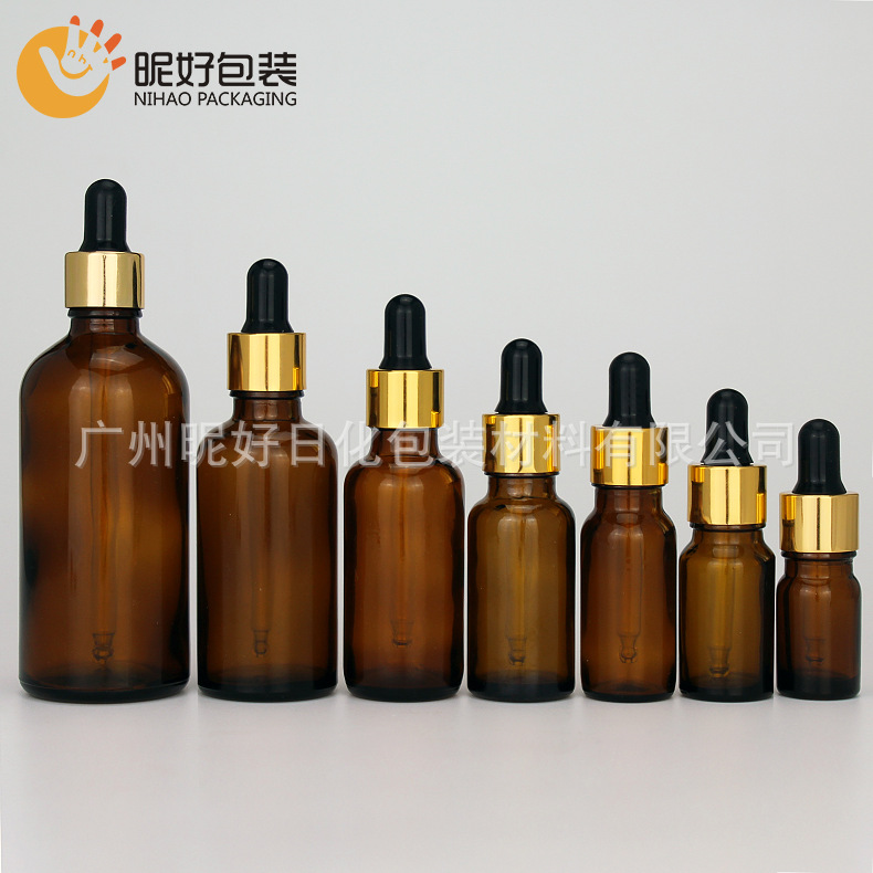 100ml50ml30ml20ml精油瓶茶色磨砂玻璃瓶配金圈滴管盖厂家直供