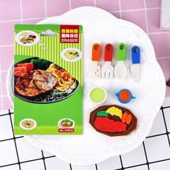 創意食品橡皮 卡通可愛牛排刀叉插卡片裝橡皮擦 兒童文具工廠批發