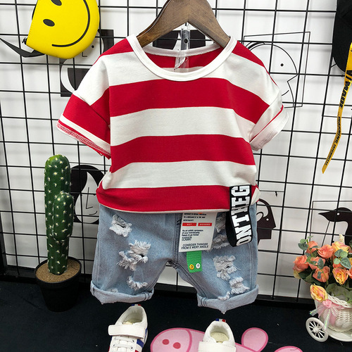 Boys' Summer Short-sleeved T-shirt Set Korean-style Children's Striped Top 78039 Denim Shorts 12117 Two-piece Set