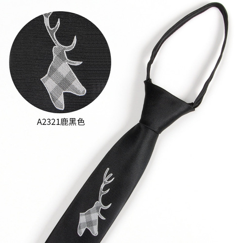 Korean style narrow embroidered logo zipper tie manufacturer wholesale trendy fashion accessories men's lazy tie