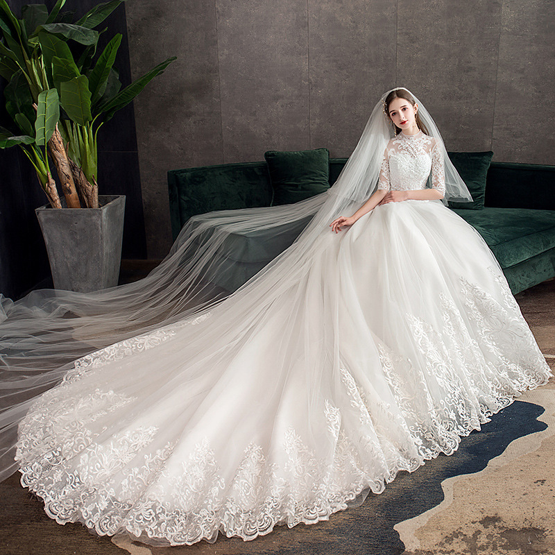Vestido de novia principal al por mayor 2025, nuevo estilo, vestido de novia con cola larga, estilo bosque, entallado, cuello alto, manga media TD39.