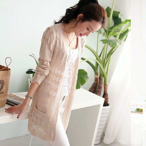 2025 Thin Version Korean Spring New Openwork Loose Knit Cardigan Women's Outerwear Air Conditioning Shirt Sun Protection Medium Length Women's Clothing
