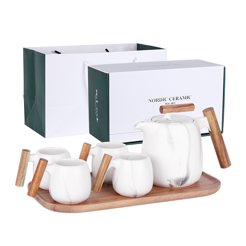 Nórdico creativo simple tetera de madera mango café cerámica juego de té caja de regalo traje flor tetera regalo logo