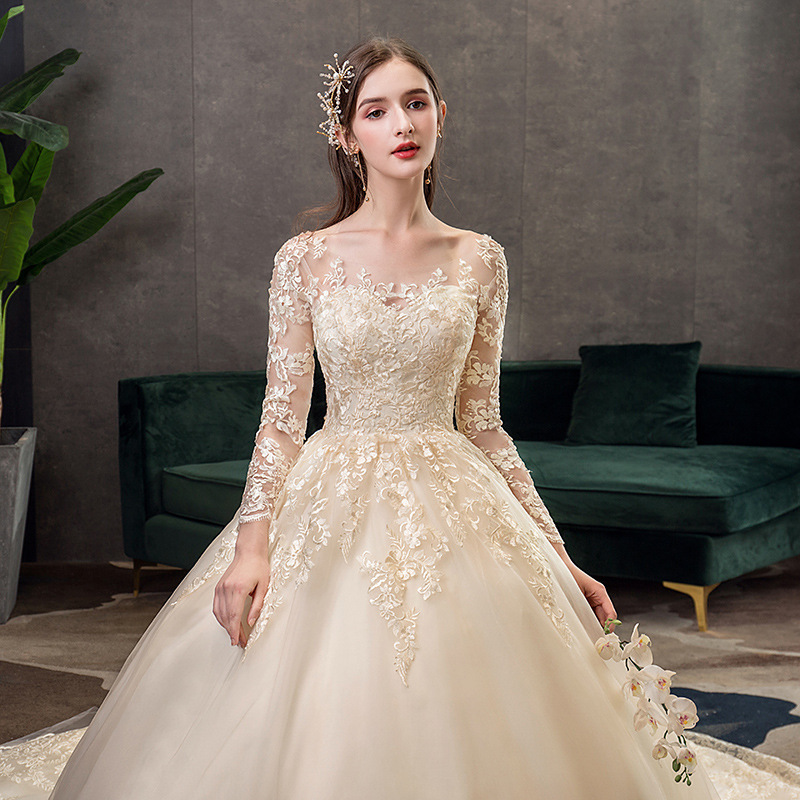 Vestido DE BODA principal 2024 nuevo champán cola grande del cordón manga larga sueño Super hadas más tamaño nupcial al aire libre hilo TD50