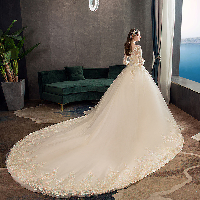 Vestido DE BODA principal 2024 nuevo champán cola grande del cordón manga larga sueño Super hadas más tamaño nupcial al aire libre hilo TD50