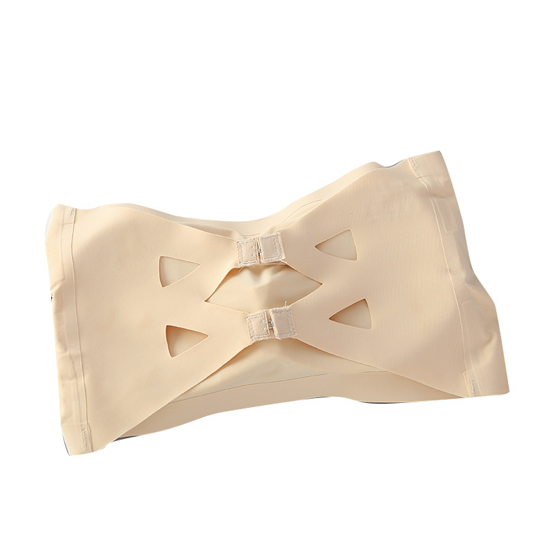 Sujetador de vestido de novia sin tirantes, sin costuras y sin espalda, de seda helada, transfronterizo, con cierre de tres filas de corchetes, estilo top tubo, con base líquida rosa juvenil, lencería femenina.